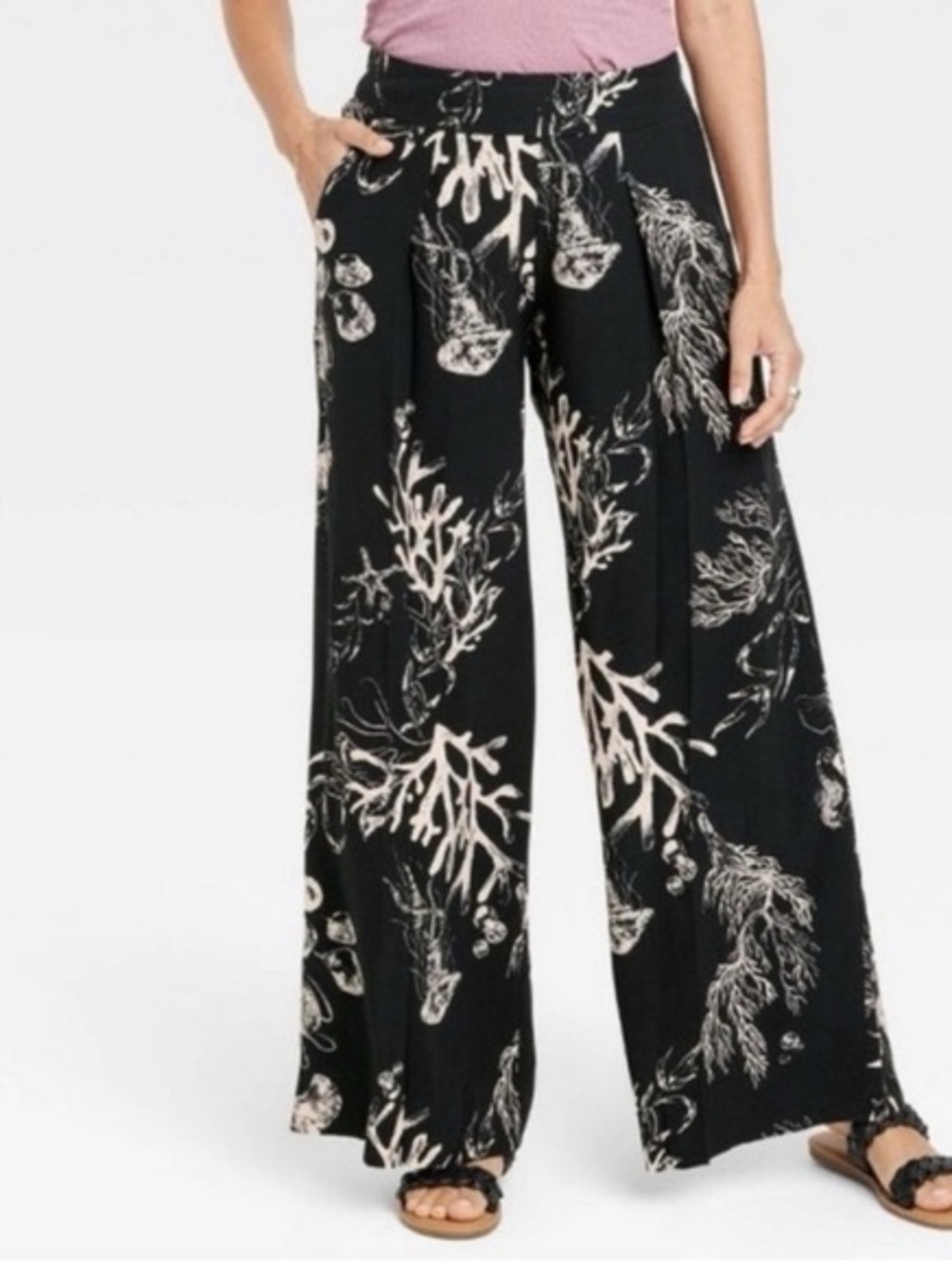 a new day Black Wide-Leg Pants with Cream Coral Print